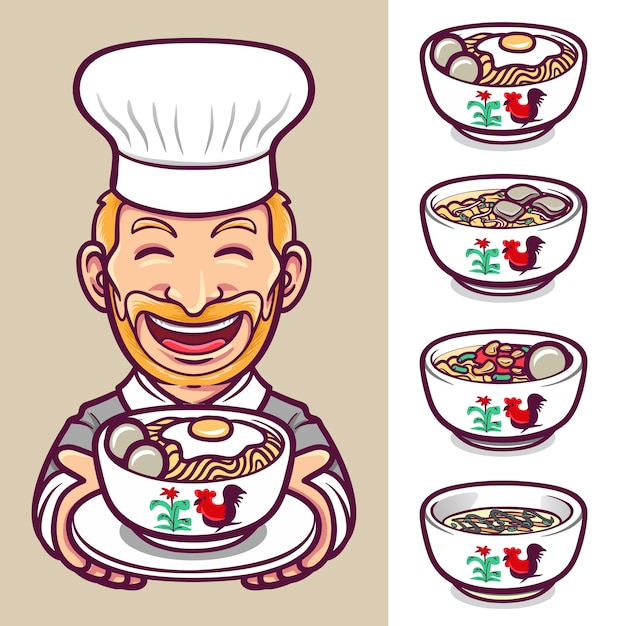 Noedels eten chef-kok karakter label logo set illustratie