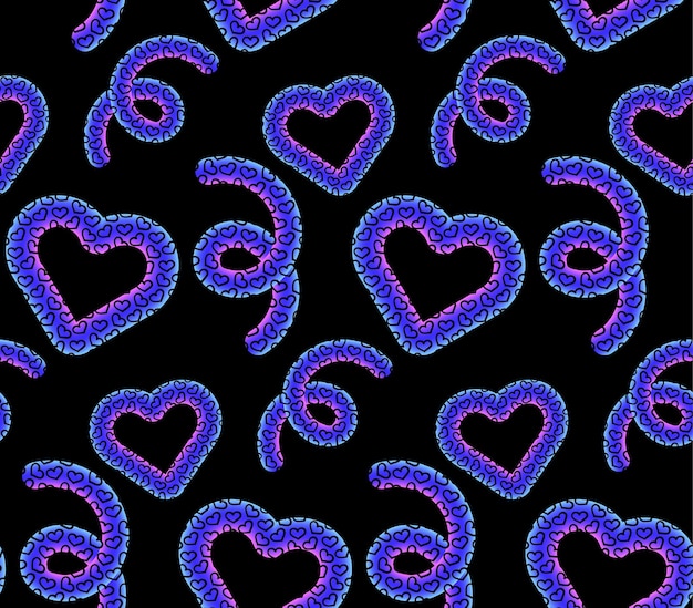 Noen pattern with doodles and hearts Vector seamless background in 90s style Valentine's Day conce