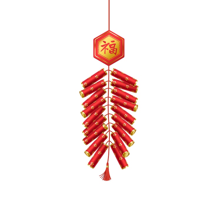 Vector noisy firecrackers with fu character and tassel illustration