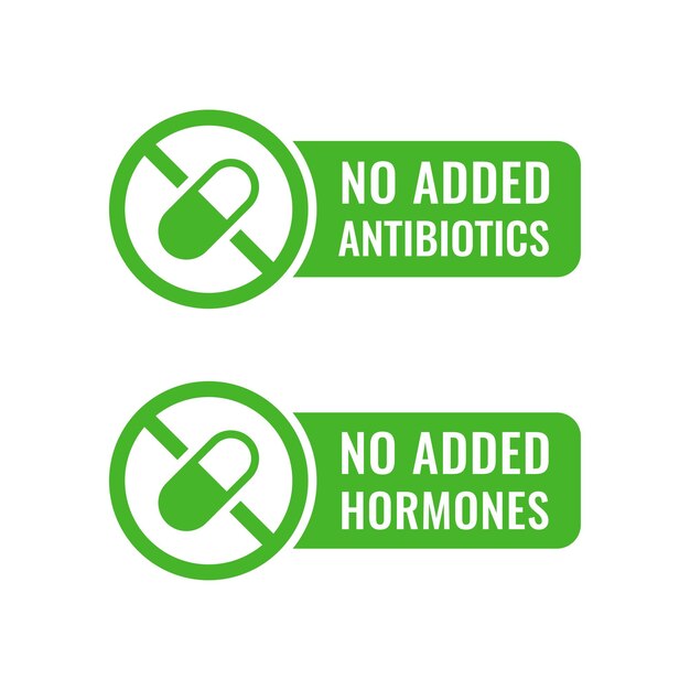 Vector non added antibiotics and hormone icons or food without hormones and antibiotic green sign