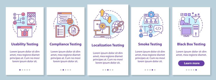 Vector non-functional software testing onboarding mobile app page screen with linear concepts. usability analysis walkthrough steps graphic instructions. ux, ui, gui vector template with illustrations