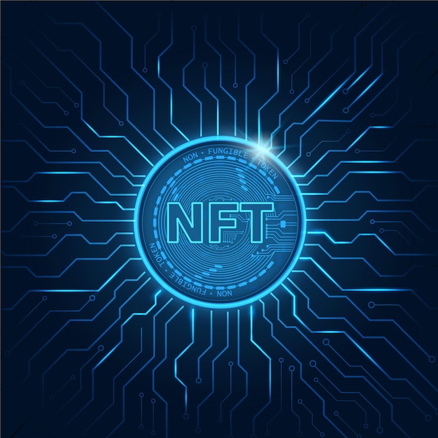 Вектор Не взаимозаменяемый токен nfttechnology фон со схемойnft логотип темно-синийконцепция криптовалюты