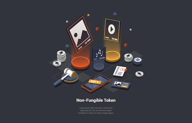 Vector non fungible token play move to earn concept people buy nft in order to collect and get profit in the future pay for unique collectibles in games or art isometric 3d cartoon vector illustration