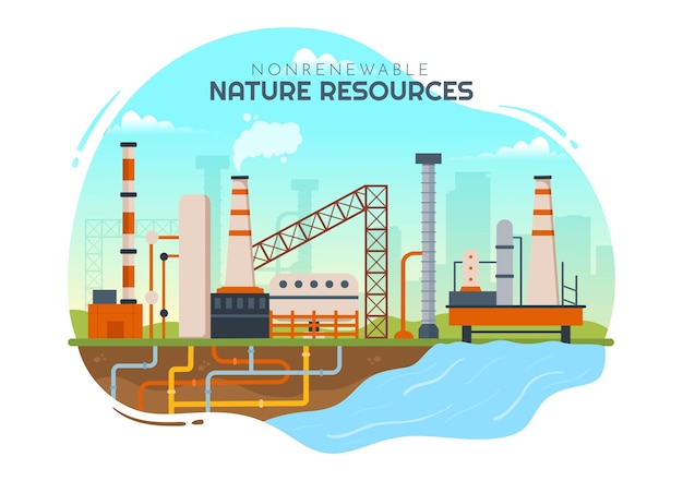Vector non renewable sources of energy illustration with nature resources in cartoon hand drawn templates