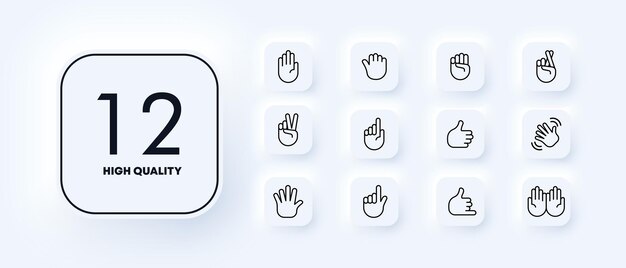 Non verbal communication set icon Say hello high five like thumbs up point win wave call me Hand gestures concept Neomorphism style Vector line icon for Business and Advertising