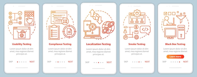 Nonfunctional software testing orange onboarding mobile app page screen vector template