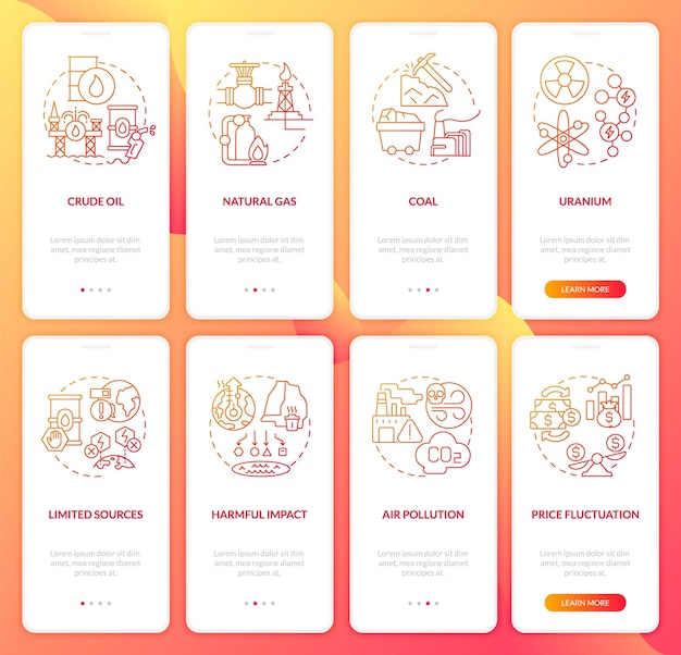 Nonrenewable energy and environment onboarding mobile app page screen set. Walkthrough 4 steps graphic instructions with linear concepts. UI, UX, GUI template. Myriad Pro-Bold, Regular fonts used