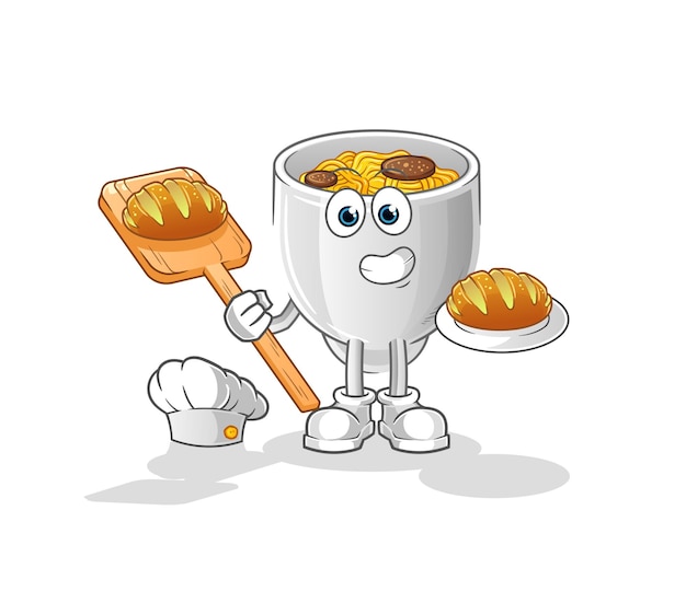 Noodle bowl bakker met brood cartoon mascotte vectorxA