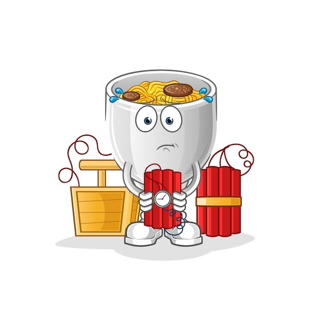 Noodle bowl holding dynamite character cartoon mascot vectorxA
