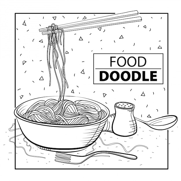 Vettore noodle doodle food. bianco e nero. a mano libera