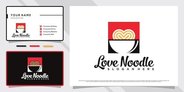 Noodle logo ontwerp illustratie met kom pictogram en visitekaartje sjabloon