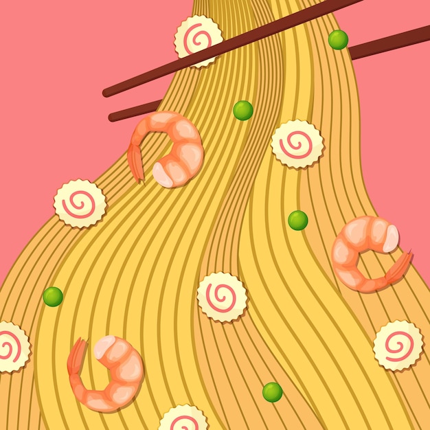 Noodle met garnalen en eetstokjes Leuke vectorachtergrond op roze Cartoon-stijl