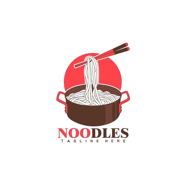 Vector noodle ramen on cooking pot doodle hand drawn logo