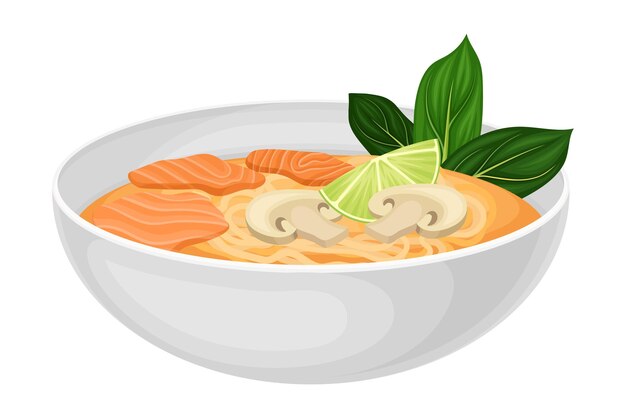 Vector noodle soup with salmon slabs and mushrooms as seafood dish vector illustration