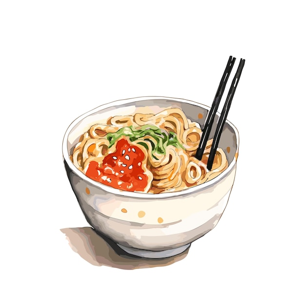 Noodles in a bowl in water color style with chopsticks