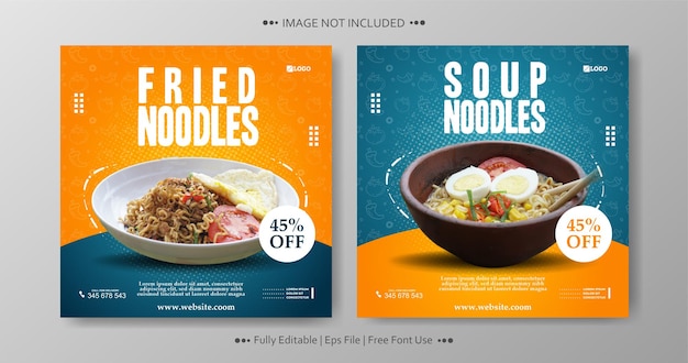 Noodles modello di banner quadrato per la promozione di menu speciali online per i social media