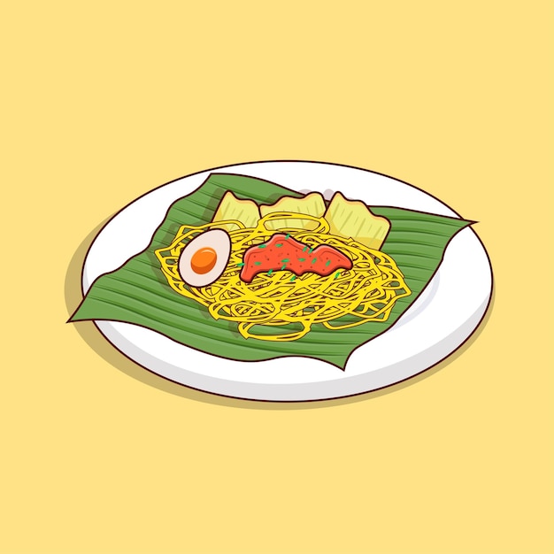 Noodles with egg, sauce, and chip illustrated