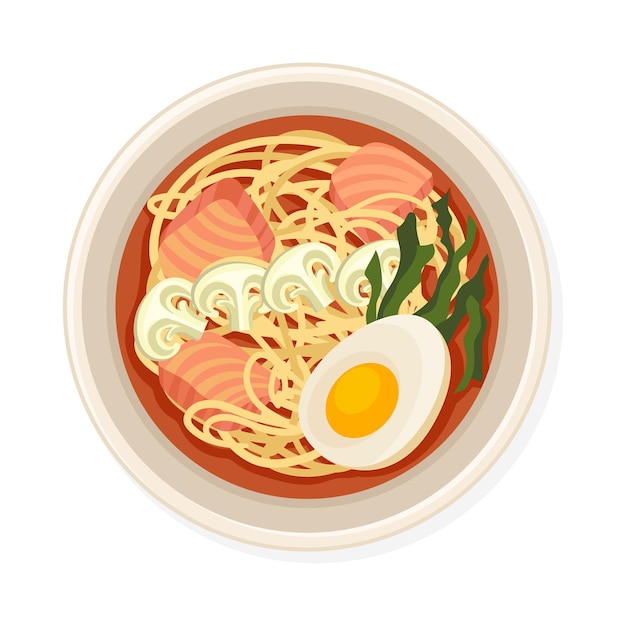 Noodles With Salmon and Boiled Eggs Served on Plate Top Viewed Vector Illustration