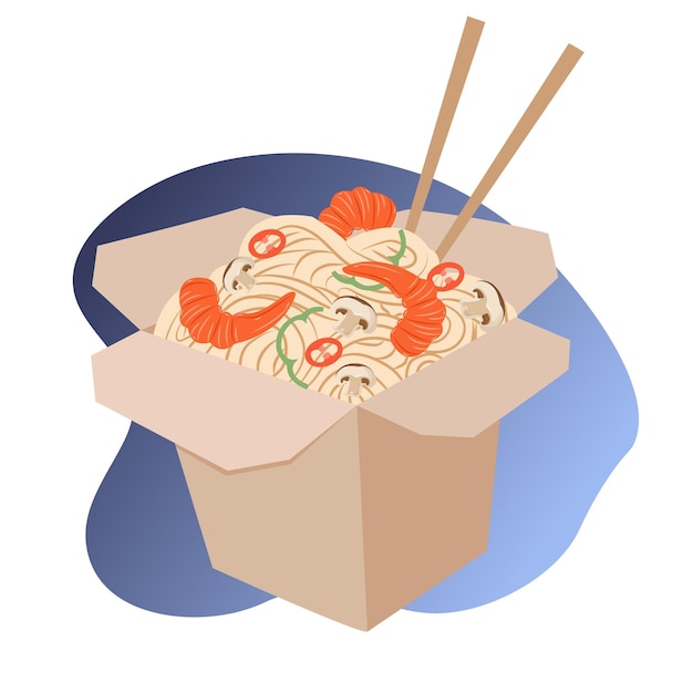 Vector noodles with shrimp in box.