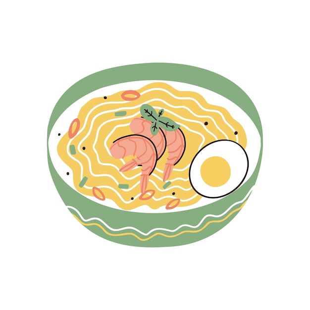 Vector noodles with shrimp hand drawn vector illustration in flat style