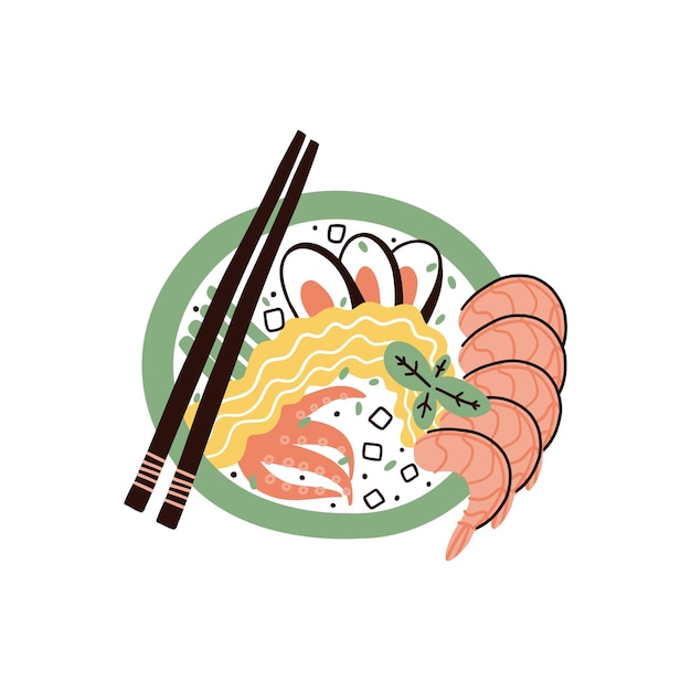 Noodles with shrimp mussels and baby squid hand drawn vector illustration in flat style