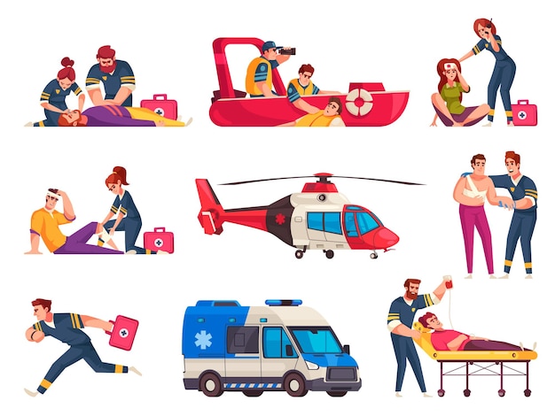 Noodsituatie cartoon pictogrammen instellen met veiligheids- en EHBO-professionals geïsoleerde vectorillustratie