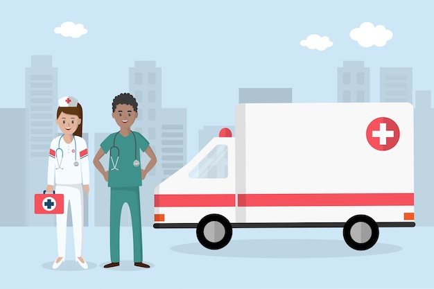 Noodsituatie medisch personeel met ambulance in grote stad.