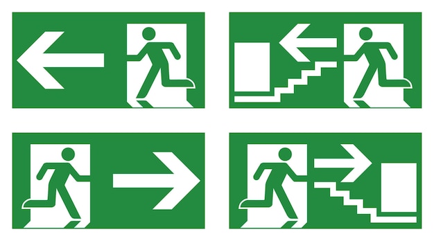 Nooduitgang veiligheidsteken. White running man pictogram op groene achtergrond - links, rechts en trappen versie.