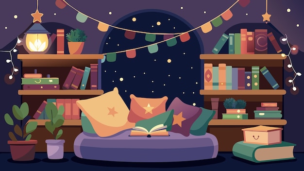 Vector a nook in the secondhand bookshop adorned with fairy lights and plush cushions creating the perfect