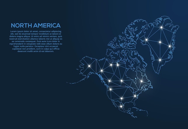 Noord-amerika communicatienetwerk kaart vector laag poly afbeelding van een wereldkaart met lichten in de vorm van steden kaart in de vorm van een sterrenbeeld mute en sterren