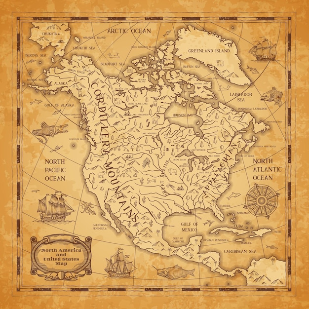 Noord-amerika continent oude kaart op oud papier