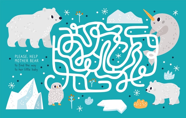 Noord dieren kinderspel polar fauna kinderen grappig doolhof arctisch schepsel uil en narwal logische puzzel pad vinden van witte beer naar welp in labyrint training geest vector concept