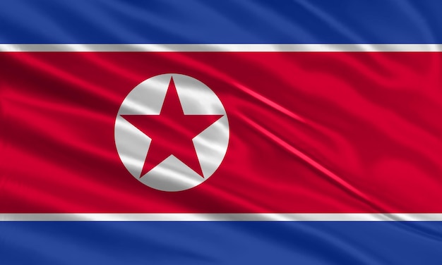 Noord-Korea vlag ontwerp. Wapperende Noord-Koreaanse vlag gemaakt van satijn of zijden stof. Vectorillustratie.