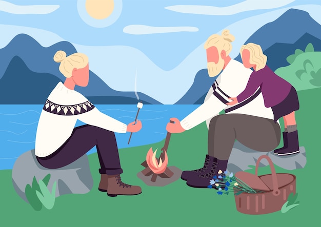 Vector noordse familie picknick egale kleur illustratie