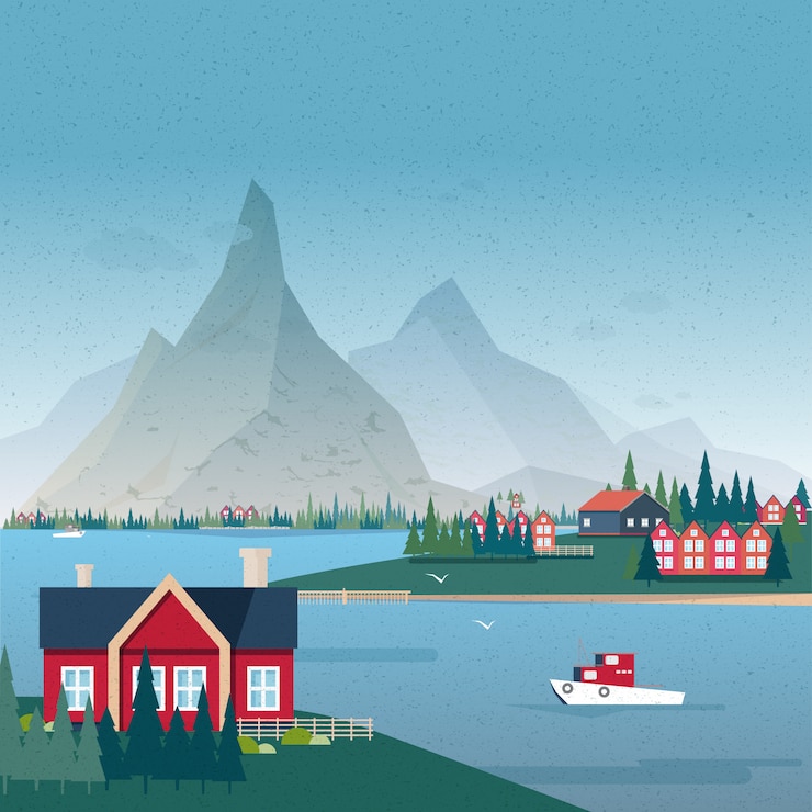 Vector noors landschapspanorama. uitzicht op de baai met gebouwen en boot. kleurrijke illustratie.