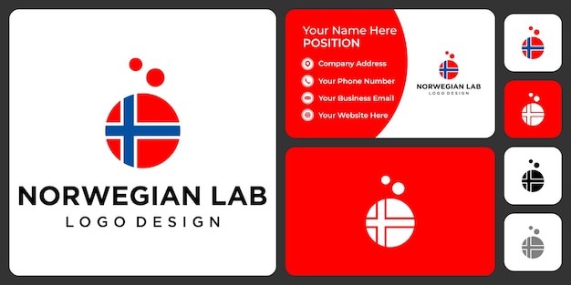 Noorse vlag en laboratoriumbuis logo-ontwerp met sjabloon voor visitekaartjes.