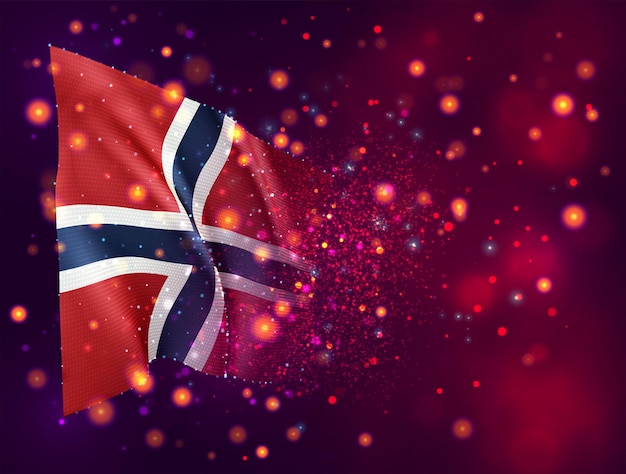 Noorwegen, 3D-vlag op roze paarse achtergrond met verlichting en fakkels