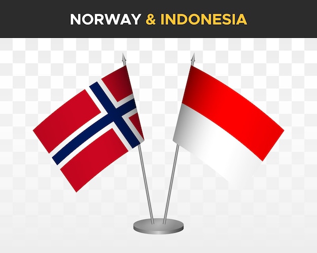 Noorwegen vs Indonesië Bureau vlaggen mockup geïsoleerde 3d vector illustratie Noorse tafel vlag