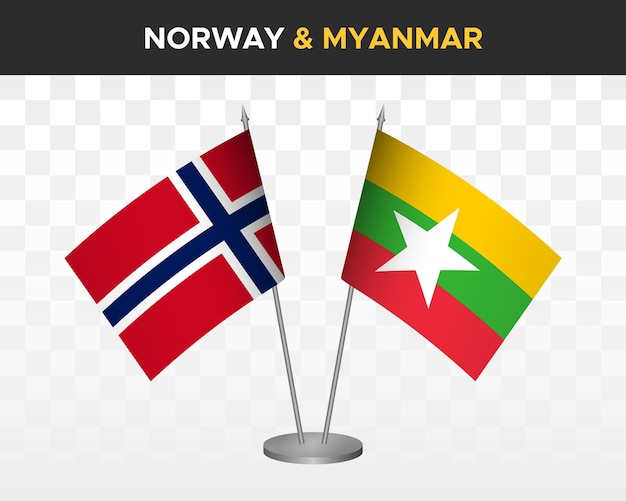 Noorwegen vs Myanmar Birma Bureau vlaggen mockup geïsoleerde 3d vector illustratie Noorse tafel vlag