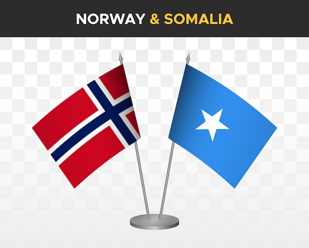 Noorwegen vs somalië bureau vlaggen mockup geïsoleerde 3d vector illustratie noorse tafel vlag