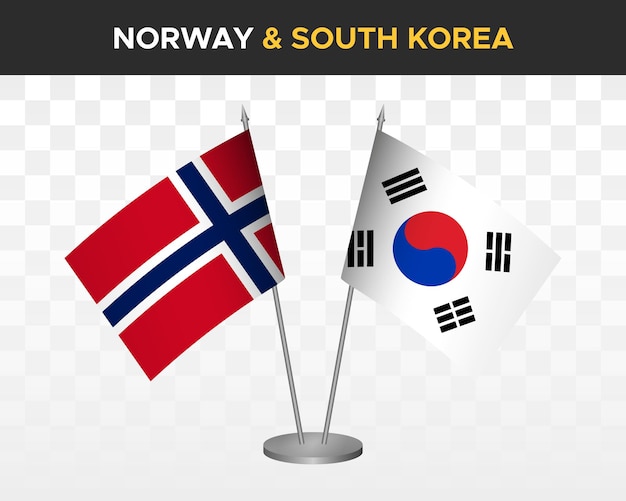 Noorwegen vs Zuid-Korea Bureau vlaggen mockup geïsoleerde 3d vector illustratie Noorse tafel vlag