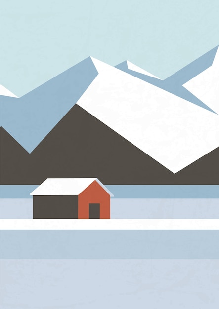 Nordic landscape with peaks and house illustration poster