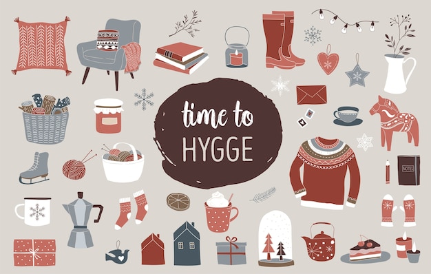 북유럽, 스칸디나비아 겨울 요소 및 Hygge, 메리 크리스마스 카드, 배너, 배경, 손으로 그린