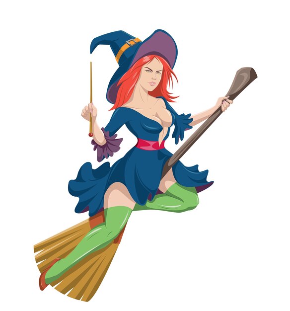 Nordic witch flying on her broomstick on Halloween