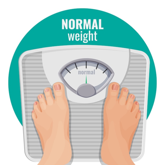 Normal weight human feet on scales isolated on white. person with ideal body standing on weighing machine   of woman legs, toes with manicure