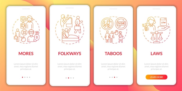 norms red gradient onboarding mobile app page screen. social rules walkthrough 4 steps graphic instructions with concepts. ui, ux, gui vector template with linear color illustrations