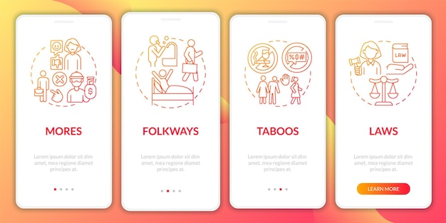 モバイルアプリのページ画面に赤のグラデーションをオンボーディングします。社会的ルールのウォークスルー4つのステップのグラフィックによる指示と概念。線形カラーイラストとui、ux、guiベクトルテンプレート