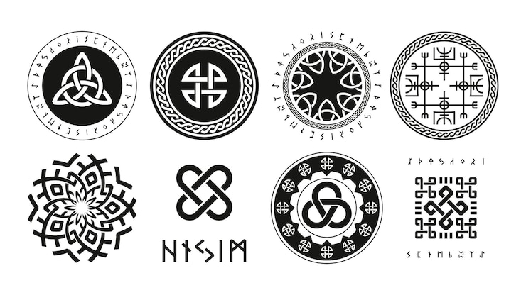Vector norse runic logo scandinavian pagan esoteric religion symbols viking protection rune triquetra yggdrasil vegvisir futhark valknut icons vector nordic set