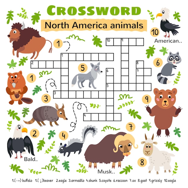 North america animals crossword. for preschool kids activity worksheet. children crossing word search puzzle game