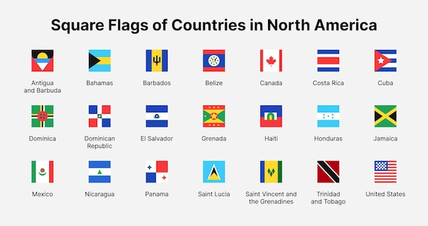 North America countries flags Square flags of countries in North America